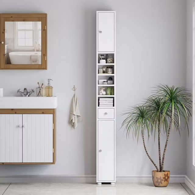 MMT Furniture Designs White Minimalist Freestanding Cabinet with Doors, Drawers and Shelves H: 180 cm x W: 20 cm x D: 20 cm