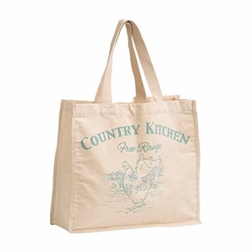 Orsina Country Kitchen Reusable Fabric Shopping Bag with Kitchen Utensil Print in Beige and Blue, W/D/H: 40 x 35 x 15 cm