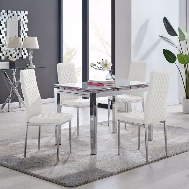 FurnitureboxUK Enna White Glass Extending Modern Rectangular Kitchen Dining Table and 4 Milan Chairs