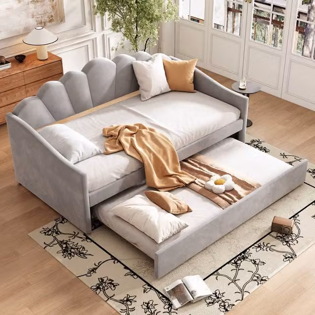 Rolipo Grey Velvet Upholstered Single Daybed with Pull Out Trundle, W: 90 cm, D: 190 cm – 1