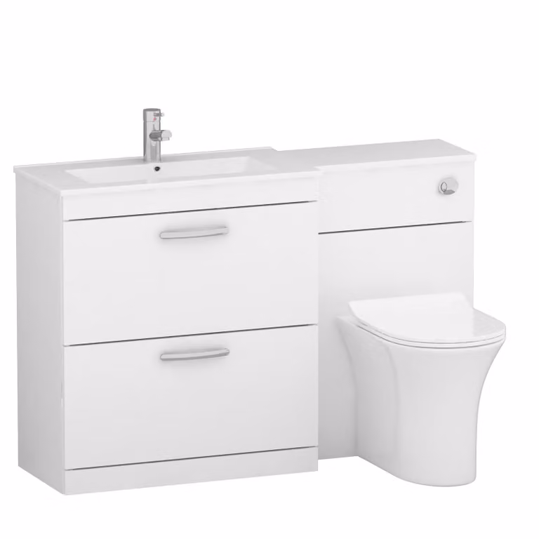 Royal Bathrooms Gloss White 2 Drawer Furniture Pack with Minimalist Basin and Slim Breeze Back to Wall Toilet, Width: 130 cm