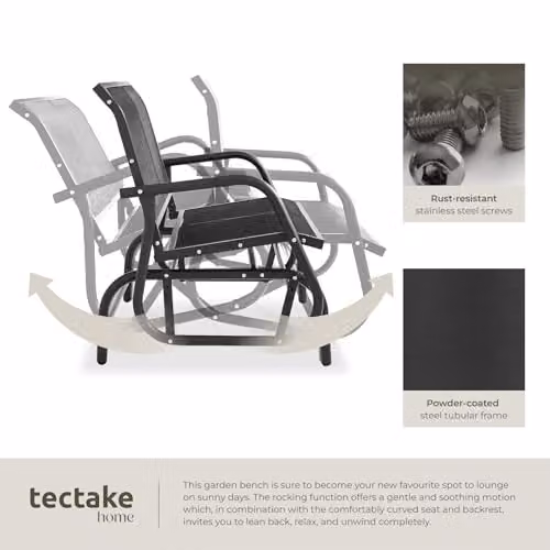 tectake Greta 2-Seater Garden Swing Bench in Black, Powder-Coated Steel and Textilene Fabric, W/D/H: 121 x 72 x 86.5 cm – 6