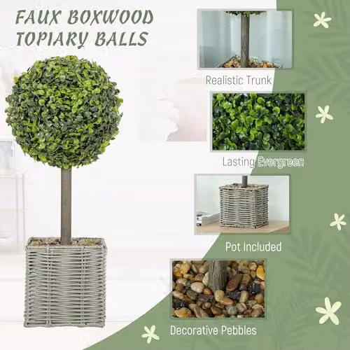 HOMCOM Set of 2 Green Artificial Boxwood Ball Plants, Height: 50 cm – 3