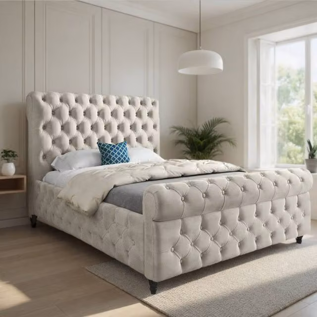 KDMD Tickencote Sleigh Upholstered Designer Bed Frame in Beige Soft Velvet, Size: Single (90 x 200 cm)