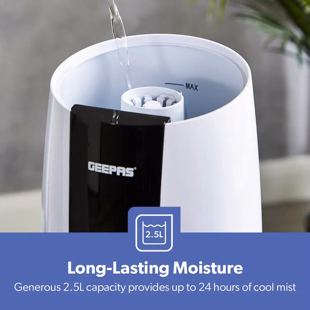 Geepas 2.6L Top Fill Cool Mist Humidifier with Aroma Tray in White – 4