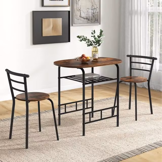 Costway 3-Piece Modern Round Dining Table and Chairs Set in Brown