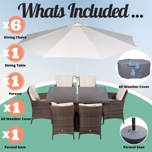 Giardino Savannah 6 Seater Rattan Garden Dining Set with Rectangular Table, Chairs, Parasol and Cover, Brown and Grey, W/D: 150 x 100 cm – 3