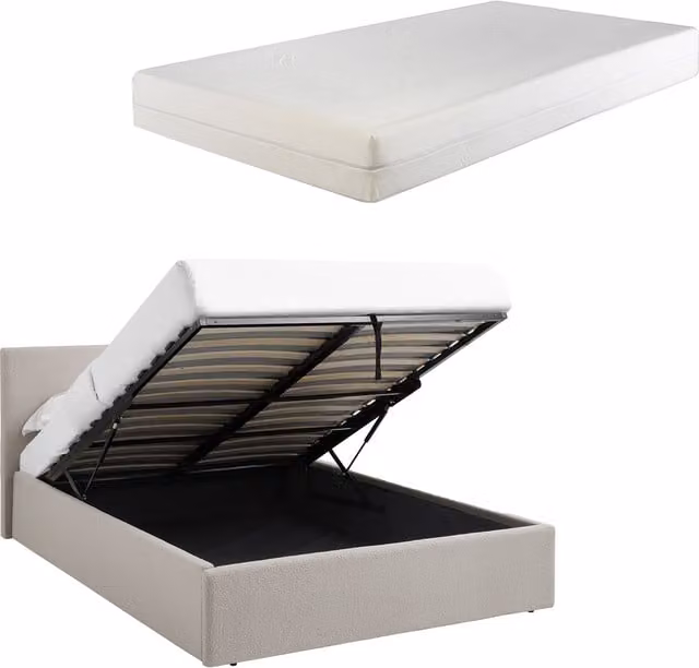 TEDDY BOUCLE Double Ottoman Storage Bed in Beige with 25cm Foam Mattress, W/D/H: 140 x 200 cm