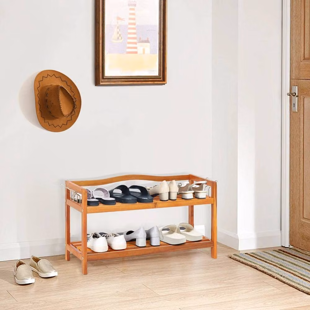 NESTLUNE 2-Tier Solid Acacia Wood Shoe Rack with Side Metal Hooks in Brown, W/D/H: 100 x 42 x 100 cm – 3