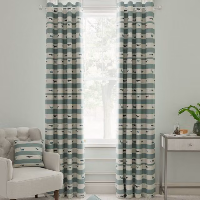 Sophie Allport Whale Stripe Made to Measure Blackout Eyelet Curtains in Deep Duck Egg Blue