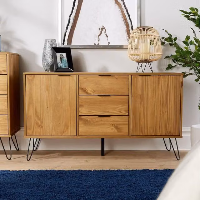 Home Source Acadia Rustic Pine 3 Drawer Sideboard in Brown