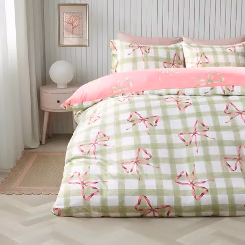 OHS Double Bow Gingham Microfibre Reversible Duvet Cover and Pillowcase Set in Green and Pink, W/H: 200 x 200 cm, Pillowcases: 50 x 75 cm