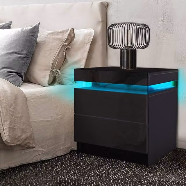 Levede Black High Gloss Bedside Table with 2 Drawers and Integrated RGB LED Lighting – 1