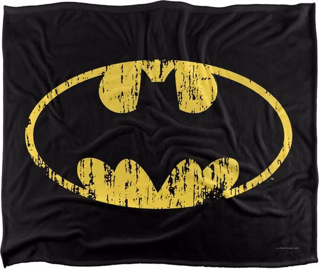 DC Comics Batman Classic Logo Distressed Blanket in White and Black, W: 152 cm, D: 127 cm – 1