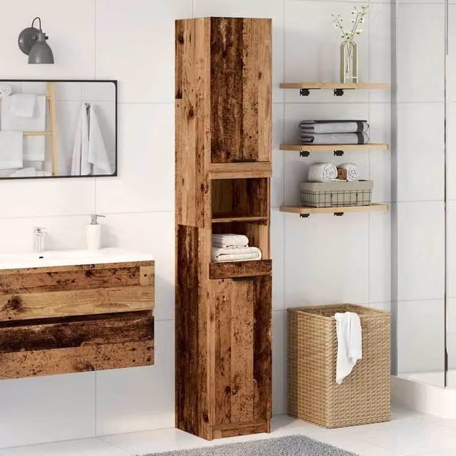 Berkfield Home Durable Rustic Brown Bathroom Cabinet with Hinged Doors and Open Shelves, W/D/H: 32 x 34 x 188.5 cm