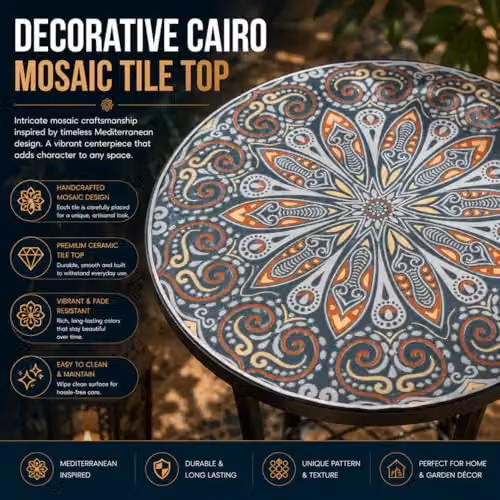 SHATCHI Cairo Mosaic Side Table and Plant Stand with Shelf, Multicolour, W/D/H: 35 x 35 x 54 cm – 4