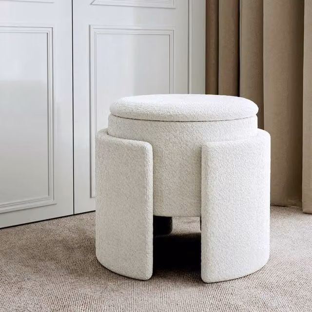 Carme White Boucle Cylindrical Upholstered Storage Stool