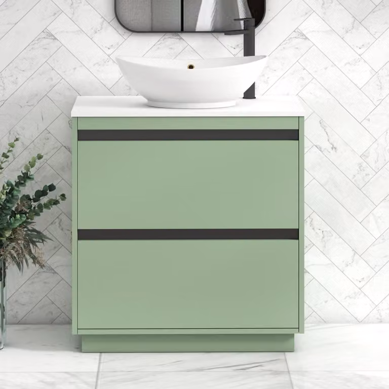 Royal Bathrooms Orion 800mm Mint Sage Floor Standing 2 Drawer Vanity Unit with Amaze Basin and Black Accent Trim