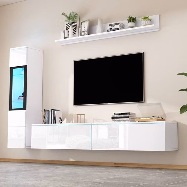 Merax High Gloss 3-Piece Floating TV Unit Set with LED and Display Cabinet in White