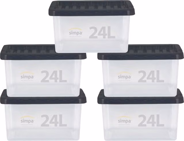 Simpa Set of 5 Stackable Plastic Storage Boxes with Lids, 24L, Transparent