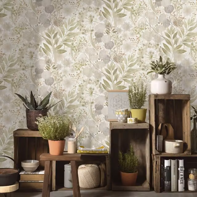 Erismann Green Floral Botanical Vinyl Wallpaper Roll