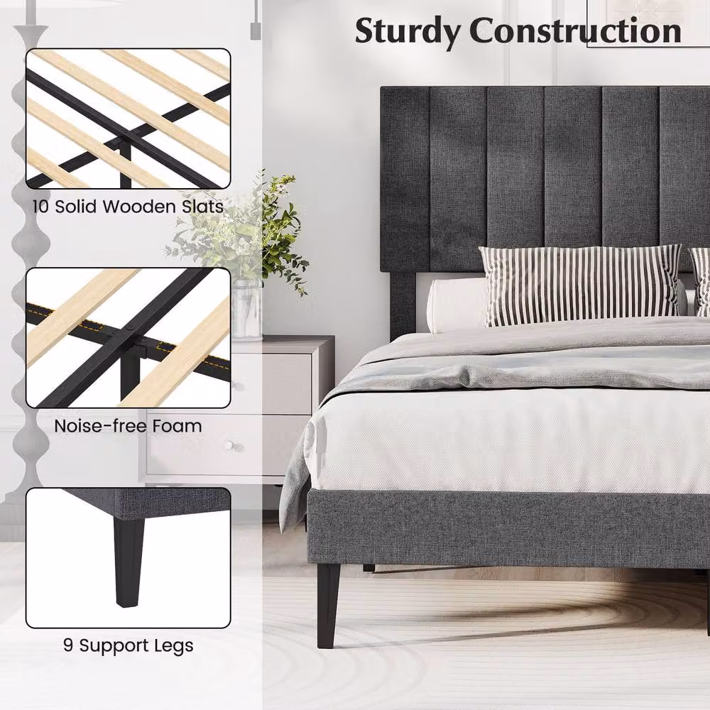Costway King Size Upholstered Linen Fabric Platform Bed Frame with Headboard in Grey, W/D/H: 180 x 200 cm – 6