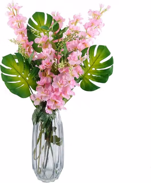 Pink Tropical Delphinium Silk Floral Arrangement with Transparent Glass Vase