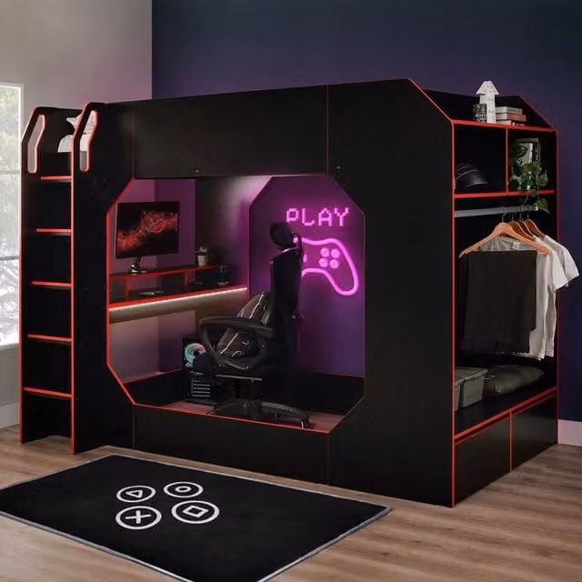Recoil Boss Pod Small Double Gaming High Sleeper Bed with Desk, Storage Drawers and Stairs in Black
