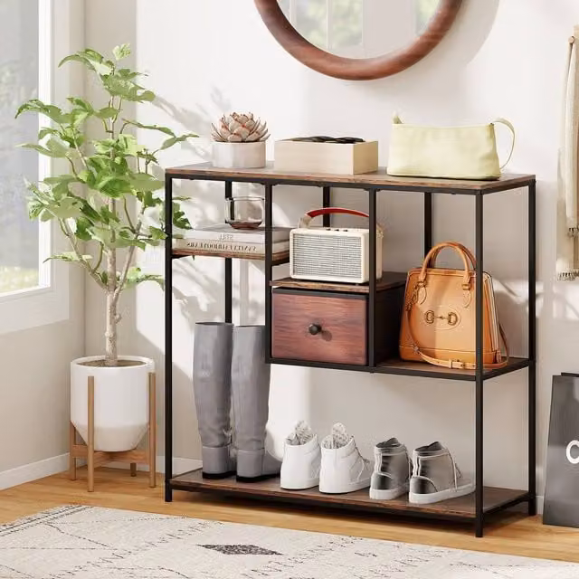 Costway Brown Console Table with Drawer and 4-Tier Display Shelf, Width: 100 cm