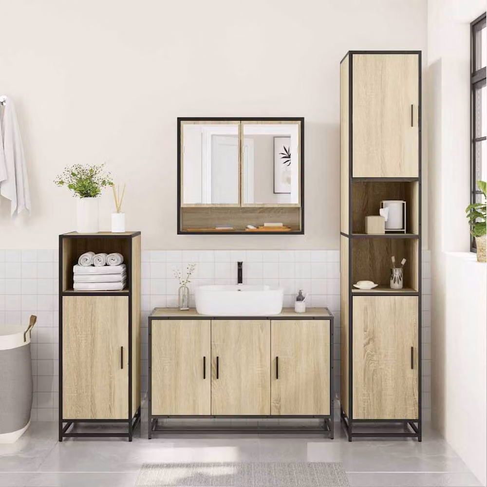 Berkfield Home 2 Piece Bathroom Furniture Set in Sonoma Oak Light Brown featuring Vanity Unit and Mirror Cabinet – 2