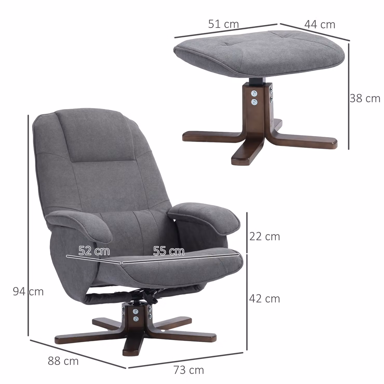 HOMCOM Grey Fabric Swivel Recliner Chair with Ottoman and Solid Wood Base – 3