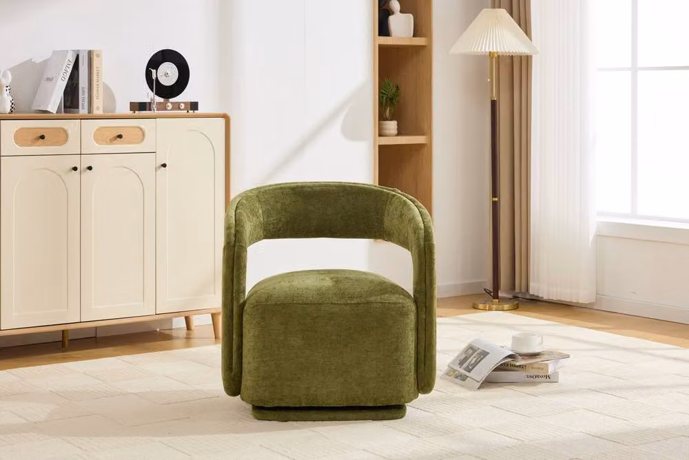 STILVORA Green Fabric Tub Armchair with 360 Degree Swivel Base and Solid Wood Frame – 3