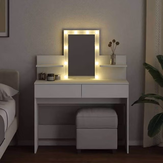 Berkfield Home Beautiful Hollywood LED Dressing Table in White, W/D/H: 100 x 40 x 130 cm