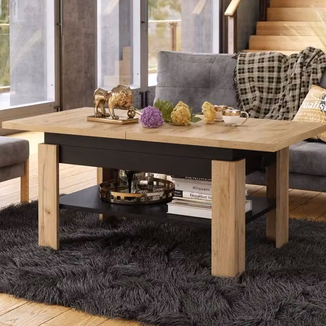 Heze Furniture Rio 2 in 1 Extending Coffee Dining Table in Artisan Oak and Black, W: 130 cm, H: 55 cm