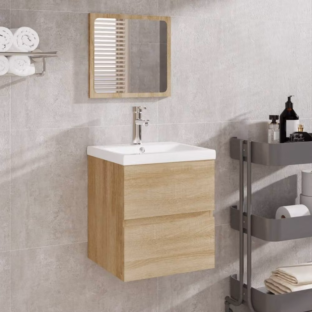 Berkfield Home Modern Wall Mounted Bathroom Vanity Unit and Mirror Cabinet Set in Sonoma Oak Brown, W/D/H: 76.7 x 45.0 x 41.0 cm – 2