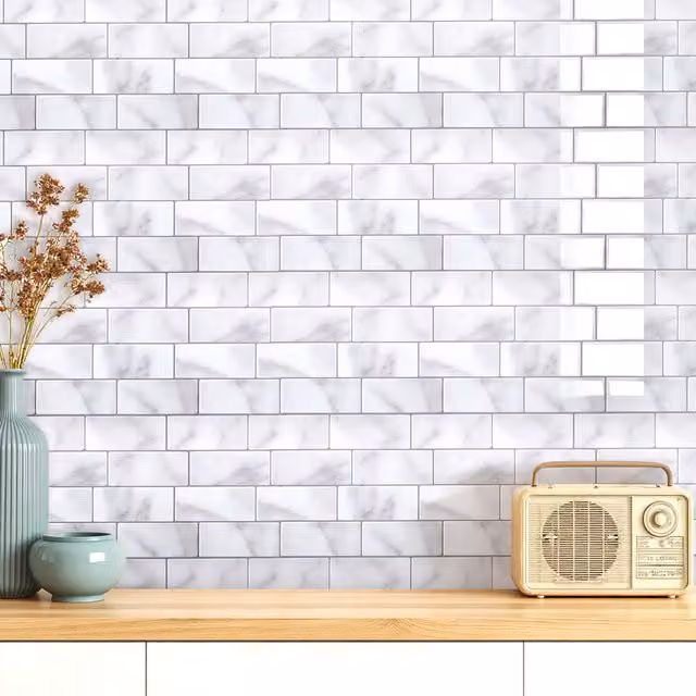 Livingandhome Set of 10 Self Adhesive 3D Rectangular Tile Wallpaper Stickers, Grey and White, W: 29.4 cm, H: 21.4 cm