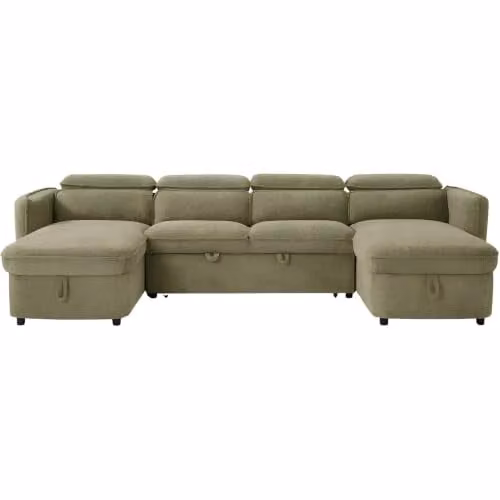 Beehive Furniture Corfu U-Shaped Corner Sofa Bed in Green Upholstered Fabric with Reversible Sleeping Function and Adjustable Headrests