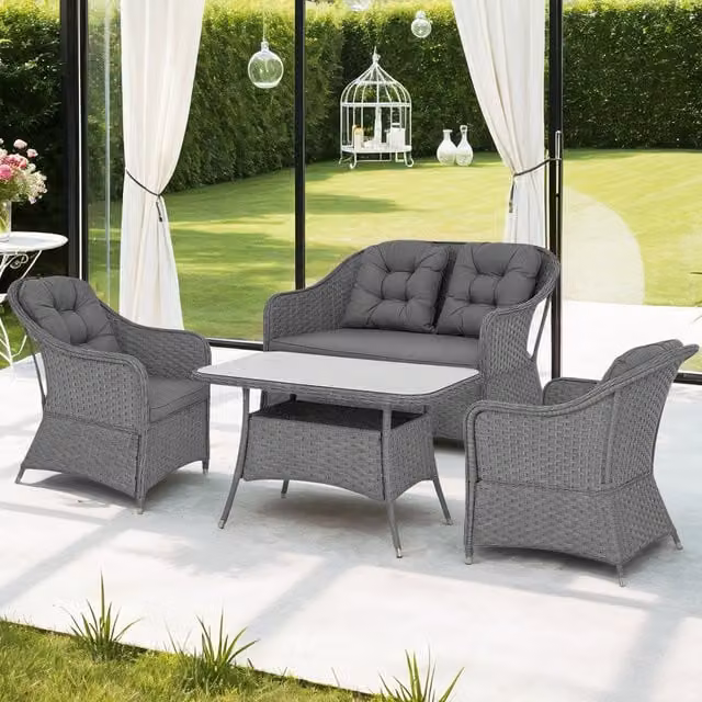 Outsunny Round Wicker Woven Rattan Garden Furniture Set in Light Grey