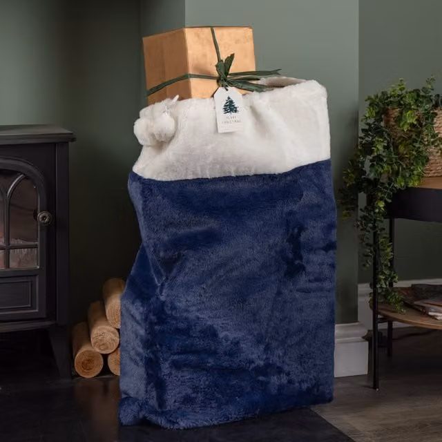 Samuel Alexander Blue Soft Plush Christmas Sack with White Faux Fur Trim and Pom Poms, W: 80 cm, H: 55 cm – 1