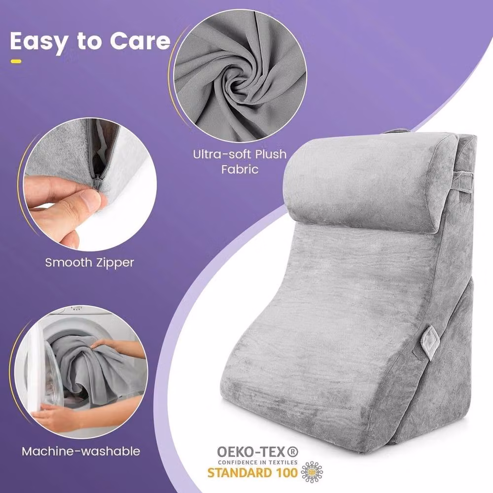 VOGREX 3-Piece Firm Wedge Pillow Set in Grey for Neck and Knee Support with Removable Cover – 3