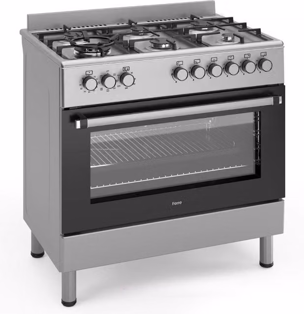 Ferre 90cm Dual Fuel Range Cooker in Stainless Steel with 6 Burners and Double Turbo Fan