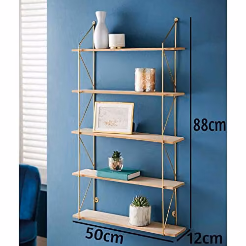 SPOT ON DEALZ 5 Tier Modern Gold Wall Mounted Floating Shelves with Oak Wood and Metal Frame – 3