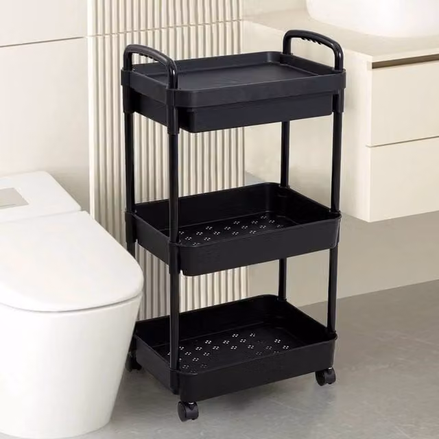 EONLION A-3 Tier Plastic Storage Shelf Rack with Wheels in Black