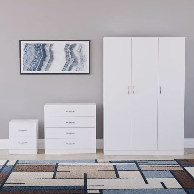 HD Designs Riano 3 Piece White Bedroom Set with 3 Door Wardrobe and 2 Drawer Bedside Tables