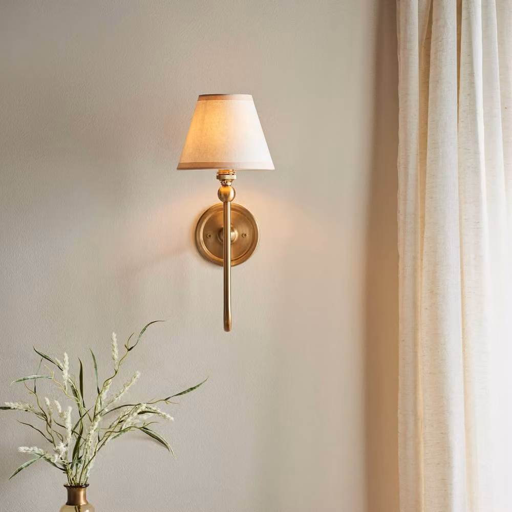 Netlighting Santiago Wall Light with White Fabric Ivy Shade and Gold/Brass Brass Base, Diameter: 16 cm, B22 – 2