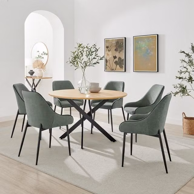 FurnitureboxUK Novara Oak Effect Dining Table with 6 Beaumont Green Fabric Chairs