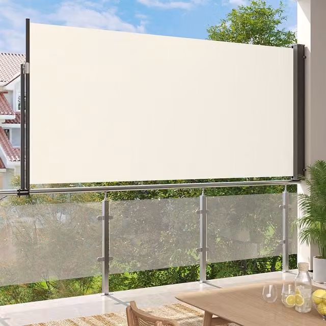 Livingandhome Outdoor Retractable Side Awning Sunshade Blind in Beige White, Polyester and Aluminium, Width: 140 cm