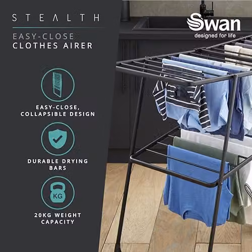Swan Stealth Easy-Close Collapsible Indoor and Outdoor Clothes Airer, Black, 25m Drying Space, 20kg Capacity – 2