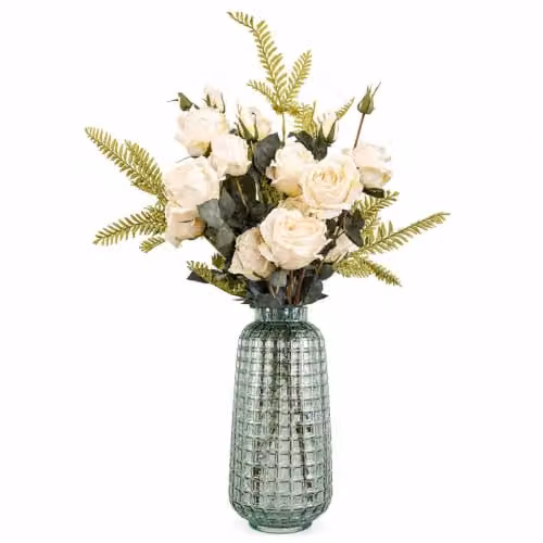Leaf Design Rose Floral Artificial Flower Display with Square Glass Vase in Green and White, H 60.0 cm x W 30.0 cm x D 30.0 cm