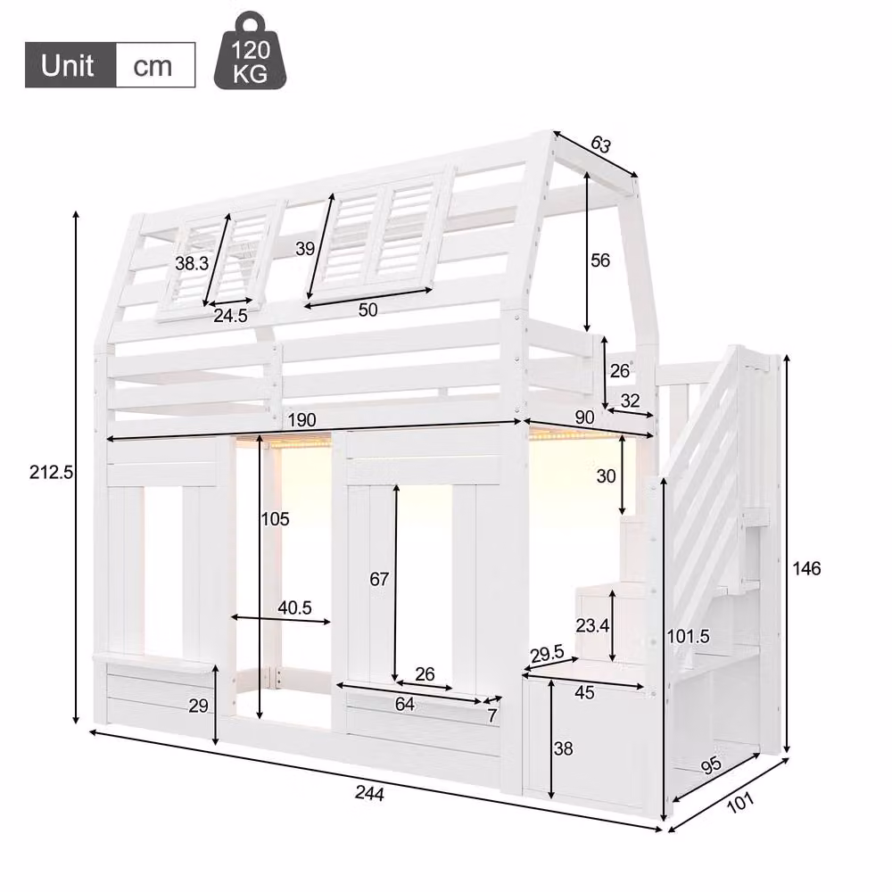 ModernLuxe Kids Loft House Bed in White with LED Under-Bed Lighting and Storage Stairs – 2